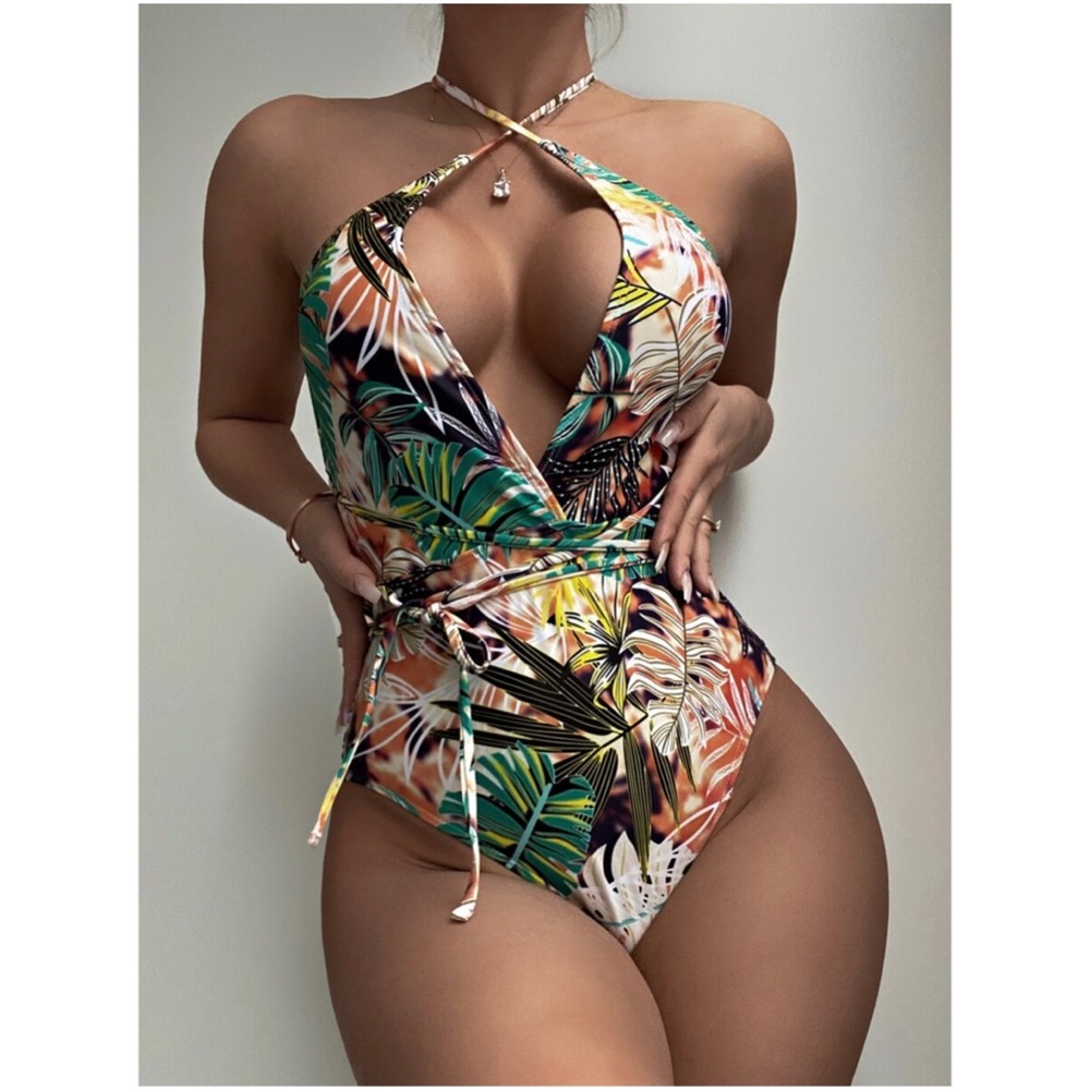 Boho Tropical Print Criss Cross One Piece Swim Monokini - Picture 4 of 4